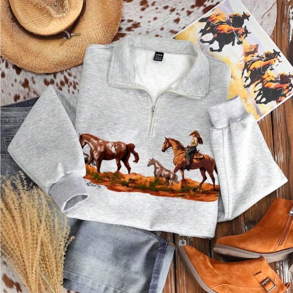 Gray Quarter-Zip Sweater with Horse Print - Picture 6 of 8